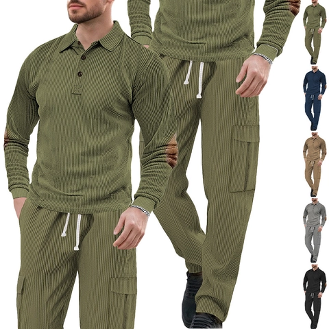 Costume Décontracté En Velours Côtelé Homme Chemise Polo Manches Longues Et Pantalon Cargo Avec Cordon De Serrage Urbain