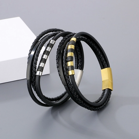 Heren Multi Layer Gevlochten Leren Armband Roestvrij Staal Magnetische Sluiting Punk Vintage Minimalistische Sieraden