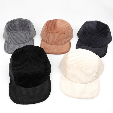 Retro Corduroy 5-Panel Cap Flat Brim Baseball Hat Solid Color Adjustable Retro Japanese Style Camper Hat For Men Women