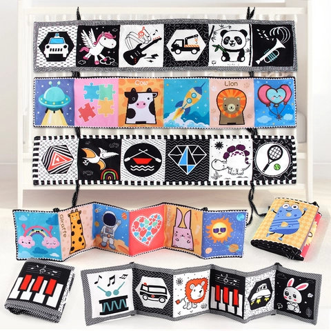 Baby Soft Cloth Book Bed Surround High Contrast Black White Sensory Toy Newborn Visual Stimulation Crinkle Paper Squeaker Tear Resistant Washable Educational Infant Toy