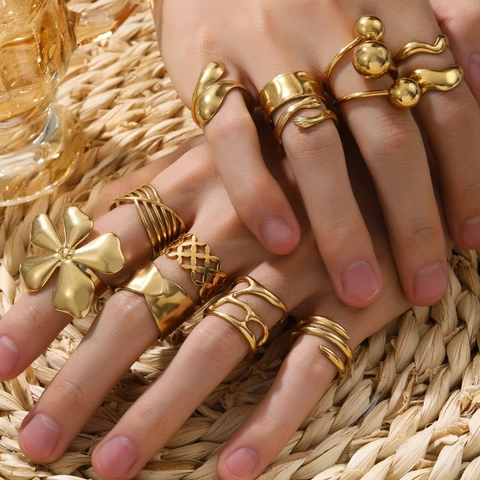 Stainless Steel Open Rings 18K Gold Plated Adjustable French Vintage Flower Hammered Geometric Jewelry For Women