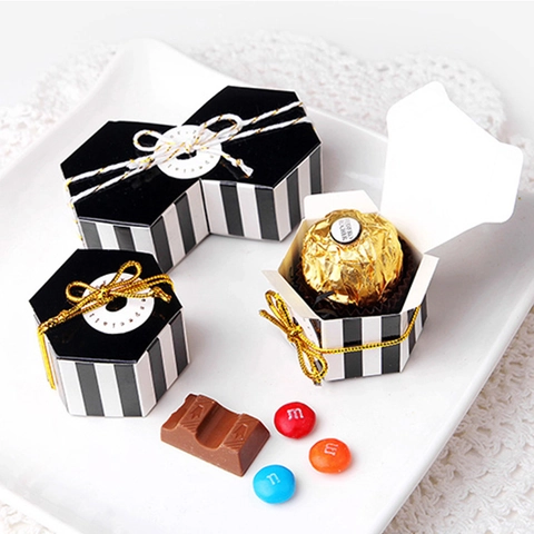 Mini Scatole Regalo Esagonali Cartone Pieghevole Cioccolato Caramelle Contenitori Per Matrimonio Festa Righe Pois Con Nastro