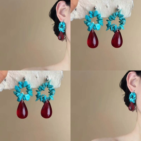 Bohemian Vintage Water Drop Dangle Earrings With Blue Stone Red Crystal And Silver Earring Post