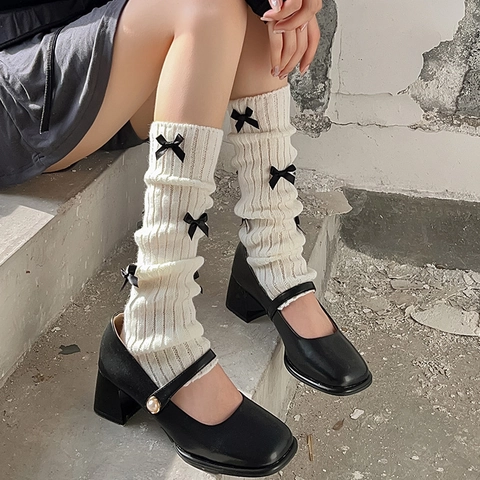 Jambières Lolita Pour Femmes Tricot Côtelé Coton Nœud Style Japonais Balletcore Chaussettes Doux Kawaii