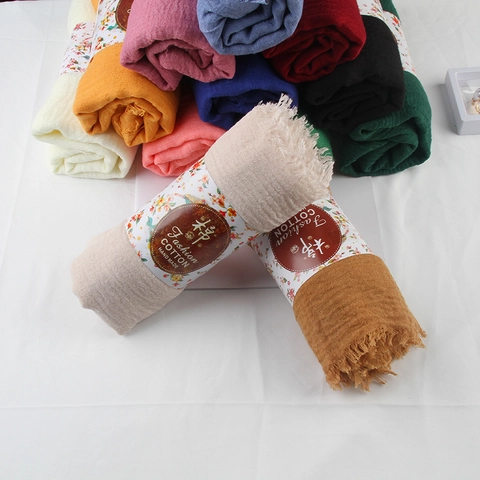 Women Cotton Linen Scarf Large Soft Crinkle Pleated Shawl Solid Color Lightweight Frayed Fringe Wrap Headscarf Daily Casual