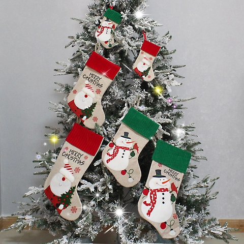 Christmas Stockings Linen Burlap Knitted Cuff Santa Claus Snowman Hanging Ornaments Holiday Party Decor