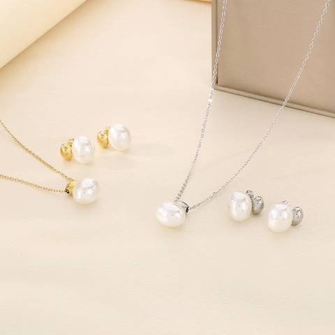 Gioielli Collana E Orecchini In Acciaio Inossidabile Con Perla Artificial Di Conchiglia Ovale Bianca Accessori Alla Moda Donna