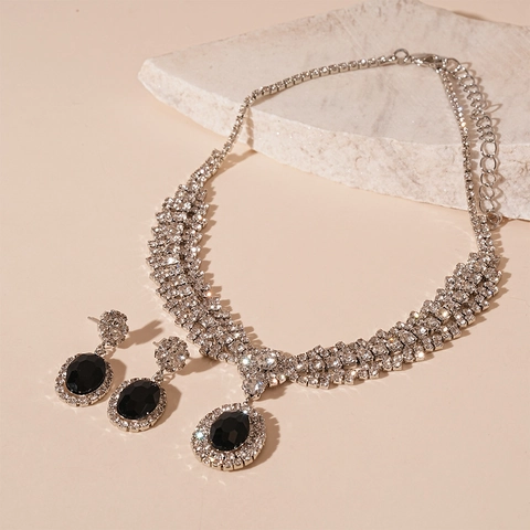 Collana Con Ciondolo In Pietra Nera Ovale E Orecchini Pendenti Rame Con Zirconi Strass Gioielli Di Lusso Per Donna