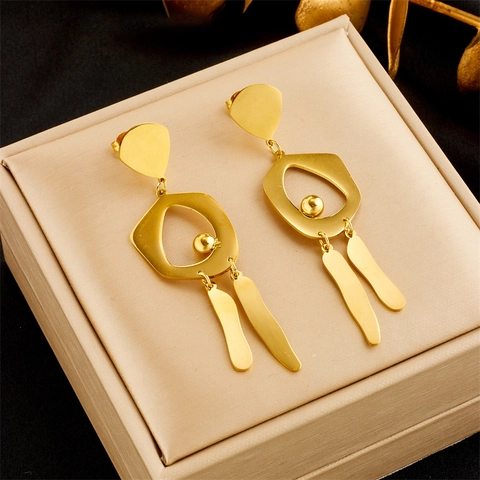 Geometric Drop Earrings Titanium Steel Irregular Round Tassel Dangle For Women Vintage Minimalist Style Gold Plated