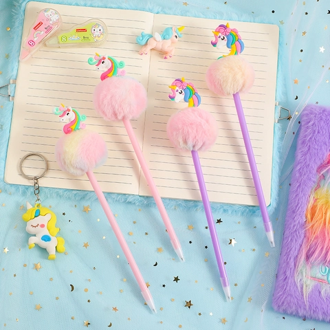 Unicorn Ballpoint Pen With Colorful Plush Pom Pom Faux Fur Topper Cute Cartoon Novelty Stationery Gift For Students