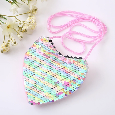 Kids Girls Heart Sequin Crossbody Bag Mini Coin Purse With Braided Rope Strap Colorful Sparkly Small Shoulder Pouch