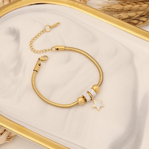 Snake Chain Charm Bracelet Stainless Steel Gold Plated Rhinestone Butterfly Heart Evil Eye Adjustable Jewelry For Women