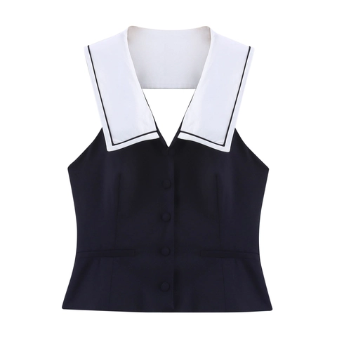 Damen Ärmellose Bluse Polyester Matrosenkragen Kontrastbesatz Einreihig Preppy Stil Akademie Oberteil Dunkelblau