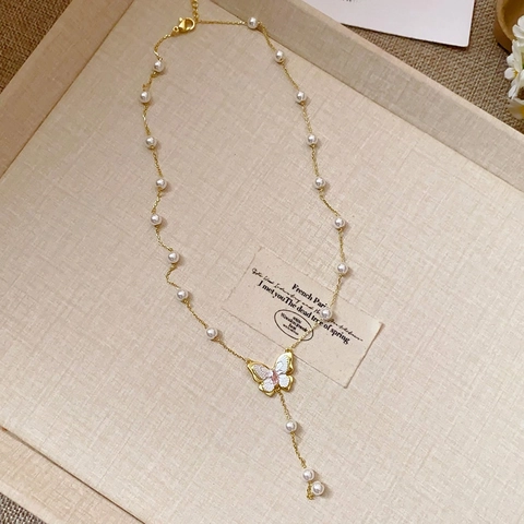 Elegant Imitation Artificial Pearl Butterfly Pendant Necklace With Zircon Accents French Luxury Style Copper Chain And Earrings For Women