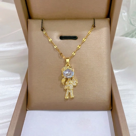 Halsketting Met Cartoon Meisje Hanger Roestvrijstalen Ketting Koper Zirkoon Ingelegd Luxe Elegante Sieraden Voor Dames