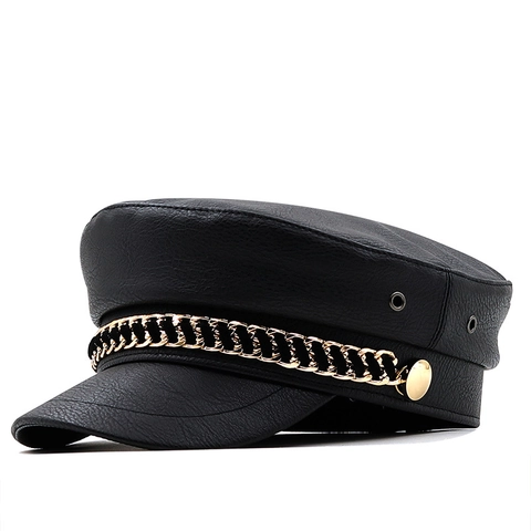 Modische Schiffermütze Kunstleder Baker Boy Hut Mit Goldener Kette Metallknöpfen Retro Damenmütze Lässiger Stil