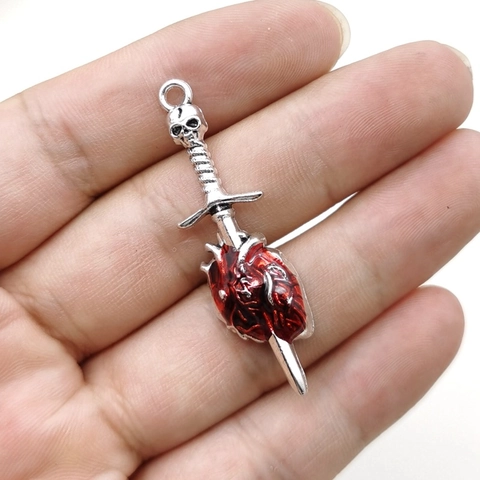 Gothic Skull Sword Piercing Heart Pendant Zinc Alloy Charm For DIY Jewelry Making Halloween Dark Punk Style Accessories