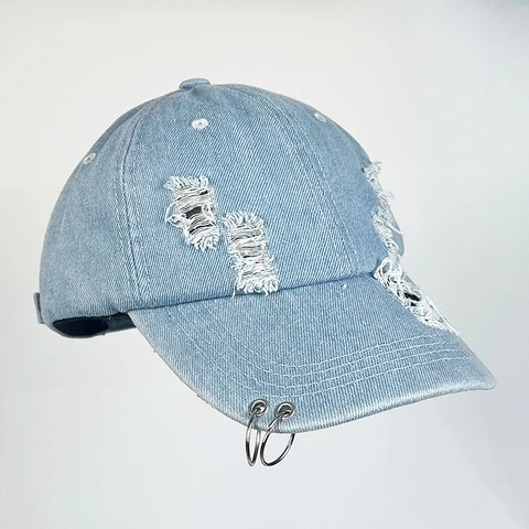 Berretto da Baseball Distressed Con Anelli di Ferro Regolabile in Cotone Denim Cappello per Uomo Donna Streetwear Protezione Solare
