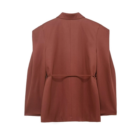 Dames Blazer Jas Met Tailleband Brede Schouder Lange Mouw Revers Polyester Kantoor Elegant Roestbruin