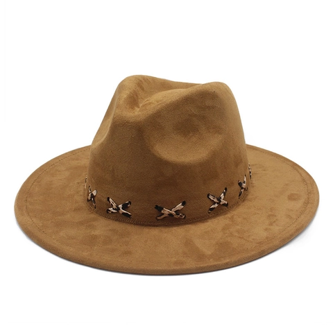 Cappello Fedora A Tesa Larga Scamosciato Stile Western Vintage Donna Uomo Con Cuciture Incrociate Leopardate Jazz Retrò