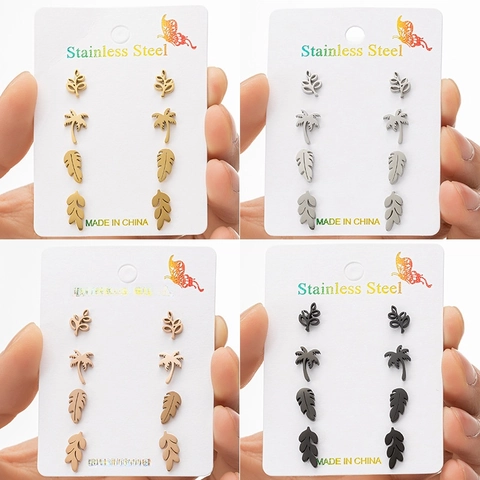 Stainless Steel Minimalist Stud Earrings Collection For Women Tropical Palm Tree Leaf Botanical Fashion Jewelry Gift