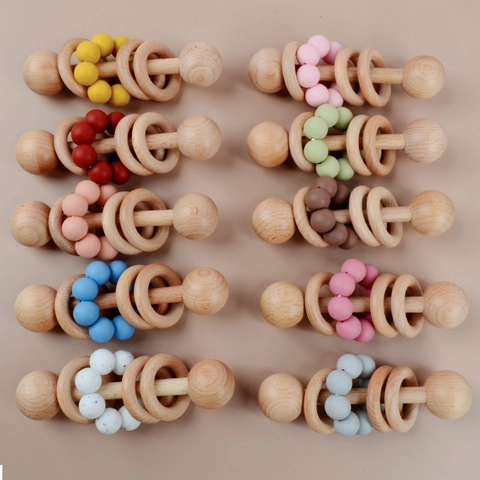 Baby Wooden Rattle Teether Silicone Beads Beech Wood Hand Grip Sensory Development Toy Infant Oral Health