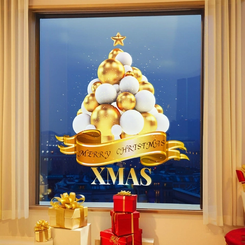 Christmas Window Stickers PVC Static Adsorption Gold Balloon Christmas Tree Pattern Both Sides Visible For Glass Door Home Decor