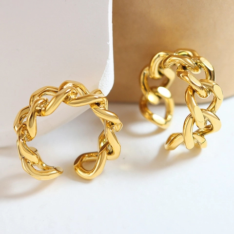 Cuban Link Chain Ring Titanium Steel 18k Gold Plated Hollow Twist Open Adjustable Band Jewelry For Women