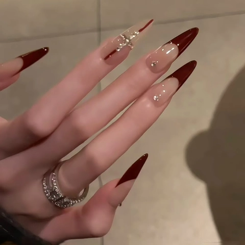 French Press On Nails Burgundy Red Long Stiletto With Cross Rhinestone Sparkling Glossy ABS Reusable Artificial Fingernails