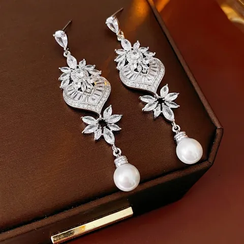 Pendientes Colgantes Elegantes Corazón Hoja Floral Cobre Circonita Con Poste De Plata Perla Artificial Redonda Joyería Para Mujer