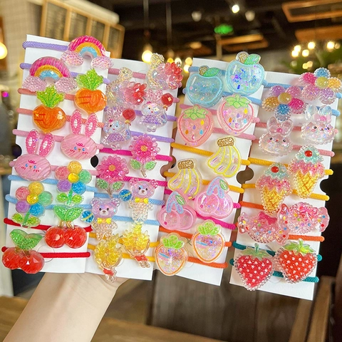 Cartoon Hair Ties Acrylic Resin Glitter Fruit Animal Elastic Hair Bands Ponytail Holders For Kids Girls Cute Accessories