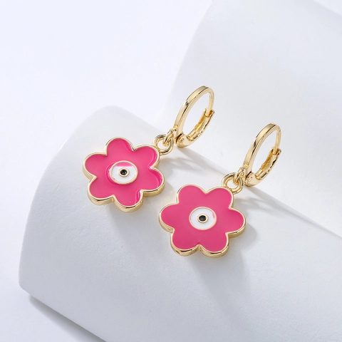Boucles D'oreilles Huggie Fleur Pendantes Cuivre Plaqué Or 18K Émail Bijoux Floraux Colorés Pour Femmes Style Individuel