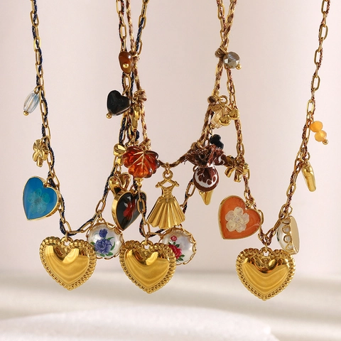 Herz Blumen Anhänger Halskette 18K Vergoldeter Edelstahl Baumwollseil Büroklammer Kette Modeschmuck Für Damen