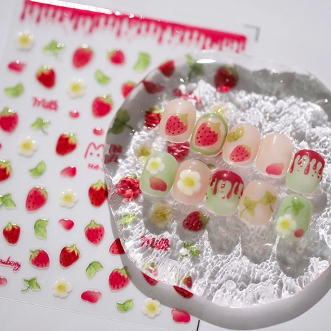 Relief Nail Stickers Strawberry Flower Self Adhesive Matte Embossed Nail Art Decorations For Women DIY Manicure