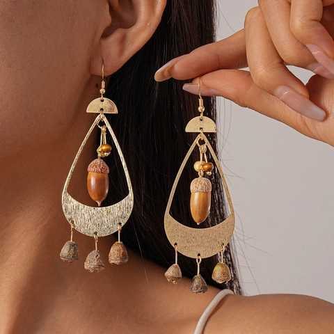 Women Retro Bohemian Dangle Earrings Hollow Teardrop Alloy Wood Acorn Nut Jewelry