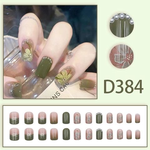 Press On Nails Short Square Oval Green Floral Design With Elegant Three Dimensional Flowers Artificial Pearls Glossy False Nails