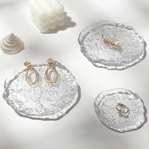Irregular Glass Jewelry Tray Transparent Hammered Texture Gold Rim Decorative Dish For Rings Earrings Storage Photo Props