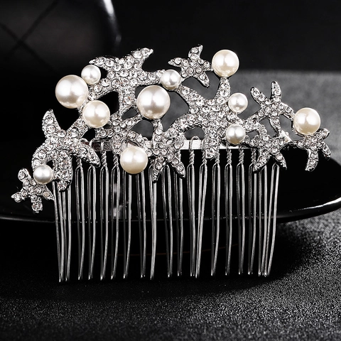 Vintage Seestern Braut Haarkamm Legierung Strass Künstliche Perle Hochzeit Kopfschmuck Silber Haar-Accessoires Für Damen