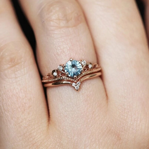 Crown Ring Set Vintage Round Blue Zircon Copper Stackable V-Shape Luxury Royal Jewelry For Women