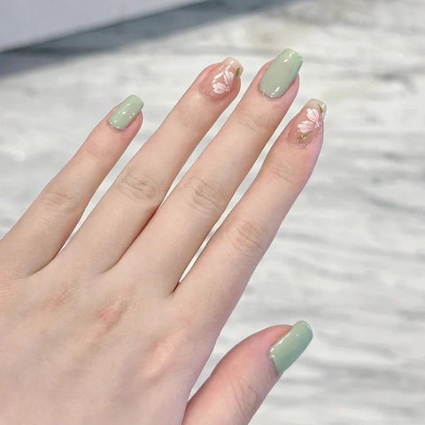 Press On Nails Mint Green Pink Floral Gold Foil Pattern Short Square Plastic Artificial Nails Glossy Manicure Women