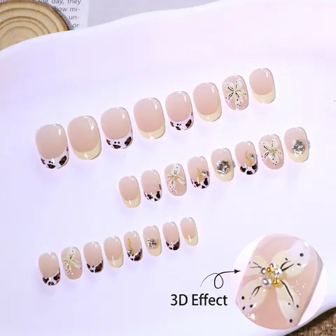 3D Λουλούδια Ψεύτικα Νύχια Γαλλικό Στυλ Κοντά Στρογγυλά Με Λεοπάρ Σχέδιο Στρας Πέρλες Για Γυναίκες