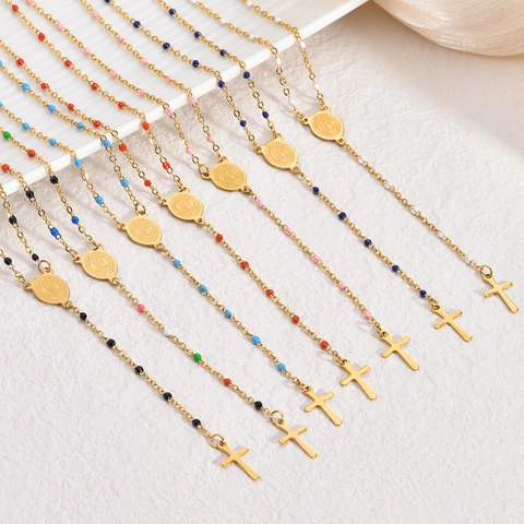 Rosary Necklace Stainless Steel 18K Gold Plated Colorful Beads Virgin Mary Medal Cross Pendant Religious Jewelry