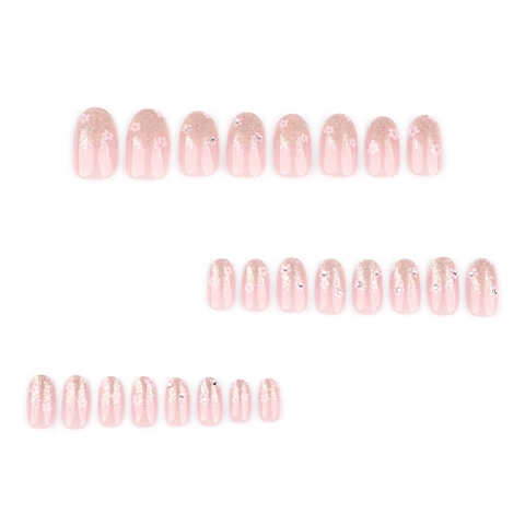 Press On Nails Pink Gradient Silver Glitter Flower Rhinestones Short Round Oval Full Cover Fake Nails Women Elegance