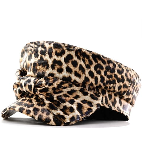 Newsboy Mütze PU Leder Leopard Muster Schleife Vintage Chic Schirmmütze Für Damen Herbst Winter