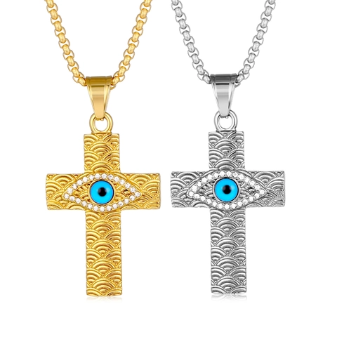 Collar de Colgante de Cruz de Acero Inoxidable Hip Hop para Hombre Mujer Dorado Mal de Ojo Joyas Religiosas