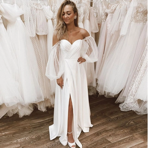 Abito Da Sposa Avorio Senza Spalline Maniche A Sbuffo Perla Artificial Raso Pizzo Abito Nuziale Spacco Alto Elegante Formale Donna