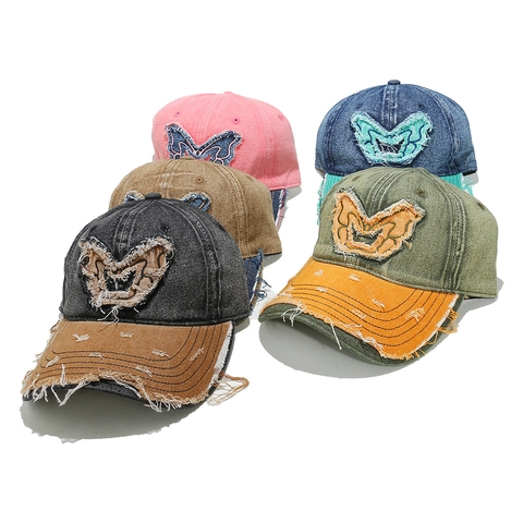 Cappello Da Baseball In Denim Lavato Vintage Patch Farfalla Effetto Consumato Color Block Snapback Regolabile Sole