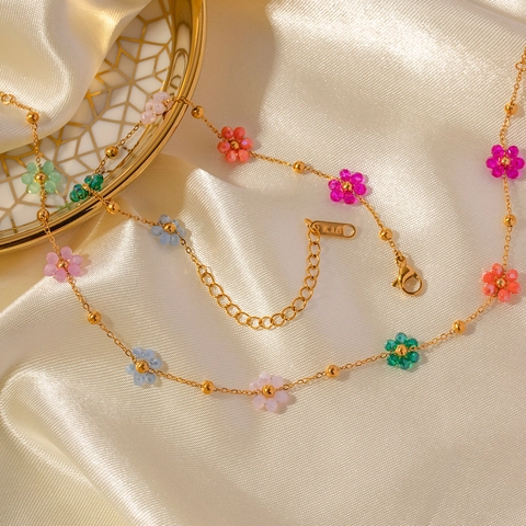 Pulsera Y Collar De Flores De Cristal Coloridas Hechas A Mano Acero Inoxidable Chapado En Oro 18K Estilo Ins Mujer