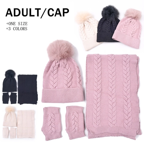 Mujer Invierno Gorro De Punto De Cable Con Pompon De Piel Sintetica Bufanda Y Mitones Exterior Calido Color Solido
