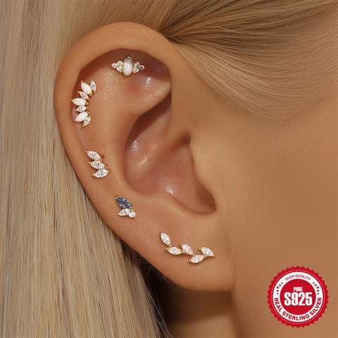 Marquise Zirconia Opal Earring Studs Gold Plated 925 Sterling Silver Heart Flat Back Cartilage Piercing Jewelry